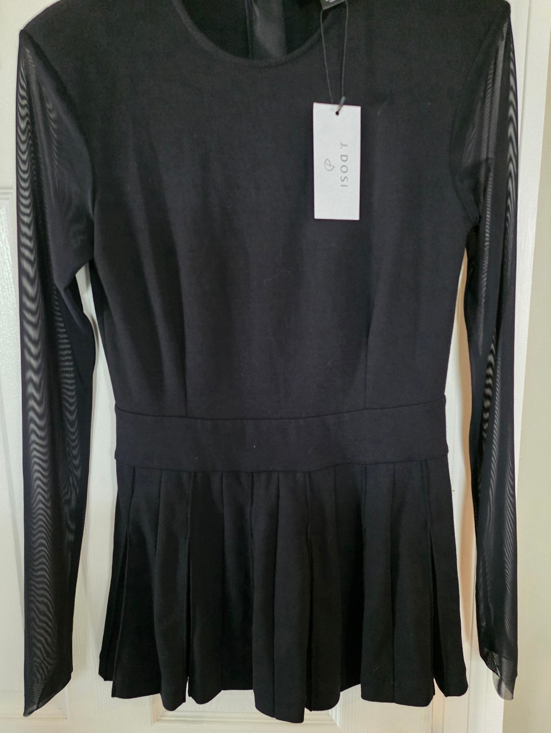 Nwt J. Dosi Black Long Sheer Sleeve Pleated Waist Mini Dress